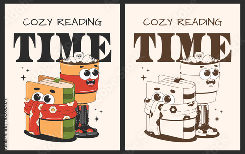 Retro cartoon posters with cocoa cup and book characters. Autumn vector illustration in groovy style