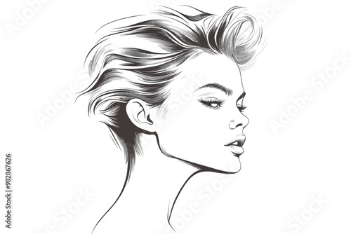 Stylish black and white illustration of a woman with tousled hair showcasing a modern, elegant profile view