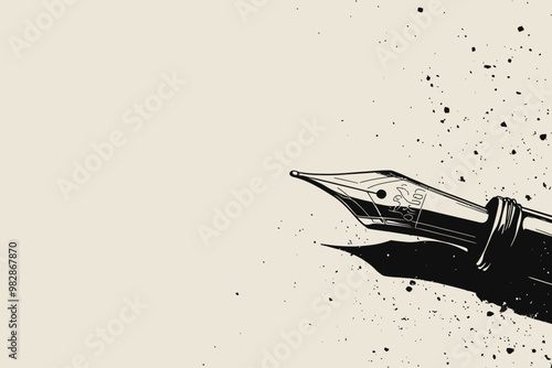 A detailed illustration of a fountain pen resting on a textured background with ink splatters