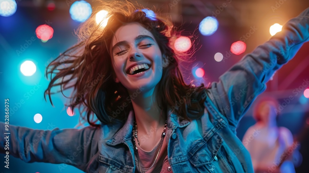 beautiful young woman enjoying a concert beautiful young woman enjoying a concert