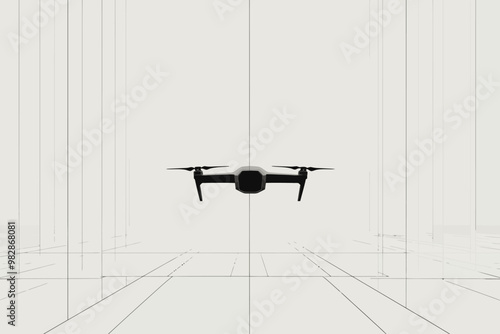 A modern drone hovering in a minimalist indoor space with geometric lines and soft lighting