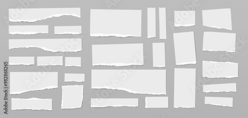Set of torn white note paper pieces, strips are on gray background for text, notes or ad. Ripped banner.