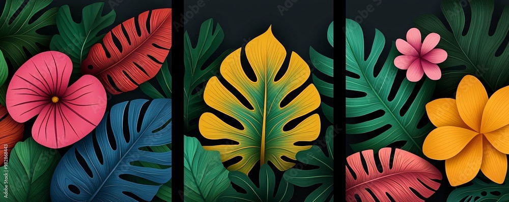 Vibrant tropical leaves and flowers in a three panel artwork with each panel highlighting different elements of the lush jungle in a bold colorful style Vibrant tropical leaves and flowers in a three panel artwork with each panel highlighting different elements of the lush jungle in a bold colorful style