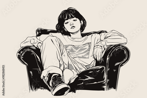 A young person lounging confidently in a stylish armchair, showcasing casual streetwear in a minimalist setting