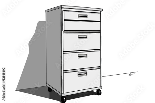 A minimalist white filing cabinet on wheels with four drawers highlighted by a soft shadow