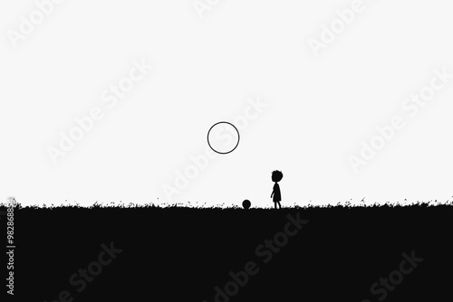 A child stands in silhouette on a grassy field, gazing at a hovering circle during sunset