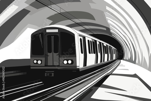 A subway train entering a tunnel in a bustling urban area during rush hour in black and white design