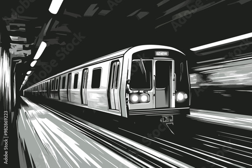 A rush-hour subway train moves swiftly through a dimly lit underground tunnel in an urban setting
