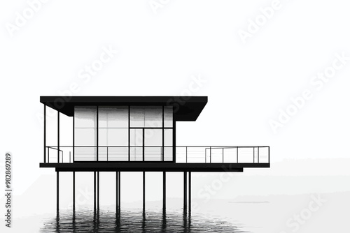 Modern minimalist house on stilts overlooking calm water in tranquil setting at dusk