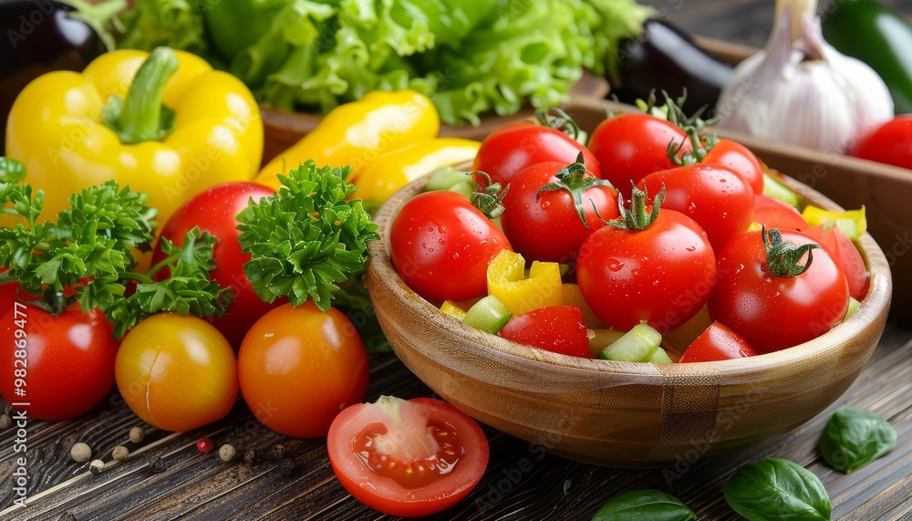 Vibrant and fresh salad displayed on a rustic wooden table surrounded by natural elements Vibrant and fresh salad displayed on a rustic wooden table surrounded by natural elements
