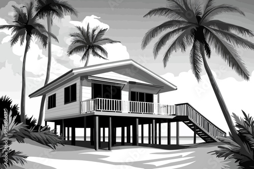 A coastal house raised on stilts surrounded by palm trees with a tranquil beach view on a sunny day