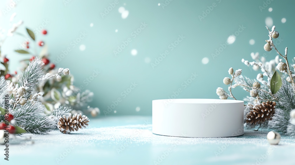 Elegant winter-themed product display with a round white pedestal, festive decorations, pine cones, and snowflakes on a pastel background. Elegant winter-themed product display with a round white pedestal, festive decorations, pine cones, and snowflakes on a pastel background.