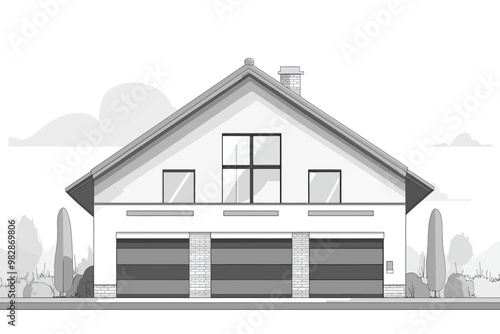 Modern residential building design featuring a spacious front facade and large garage doors in a peaceful neighborhood