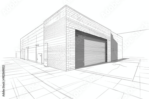 Detailed architectural sketch of an industrial building with a large garage door on a clear day