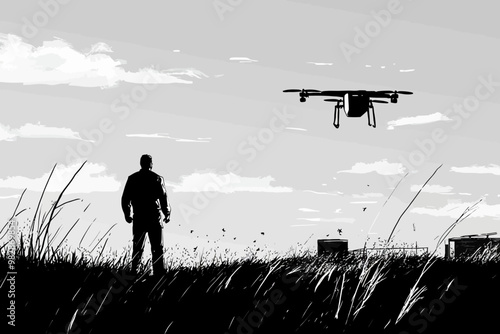 A person observes a drone hovering above tall grass in a wide-open field during the day