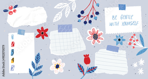 Cute mood board, blank sticky notes, ripped paper pages and winter flowers doodles, flat illustration on blue background. Vector productivity set, vision board design