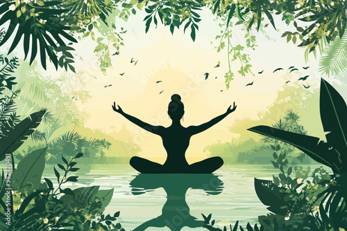A serene moment of meditation by a tranquil lake surrounded by lush greenery at dawn