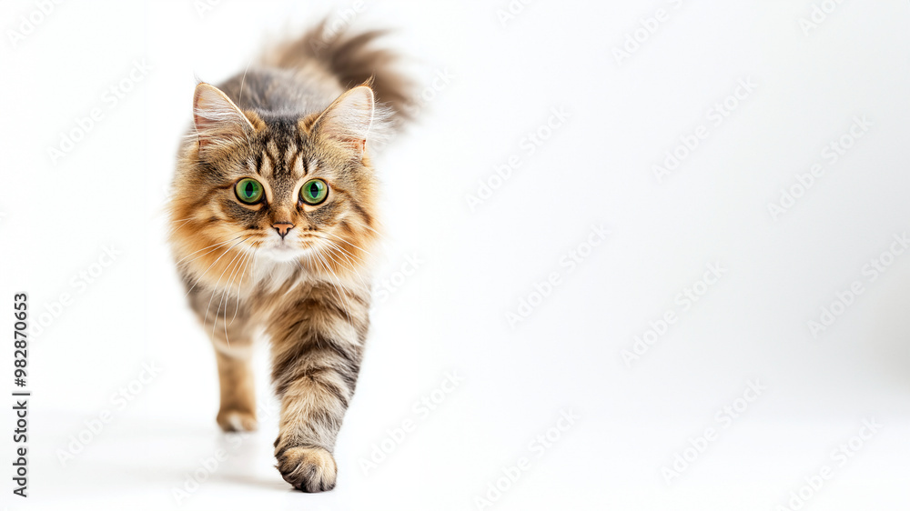 Obraz premium Majestätische Anmut: Elegante flauschige Katze posiert auf reinem Weiß. Seidiges Fell glänzt, grüne Augen fesseln. Fotogene Schönheit pur