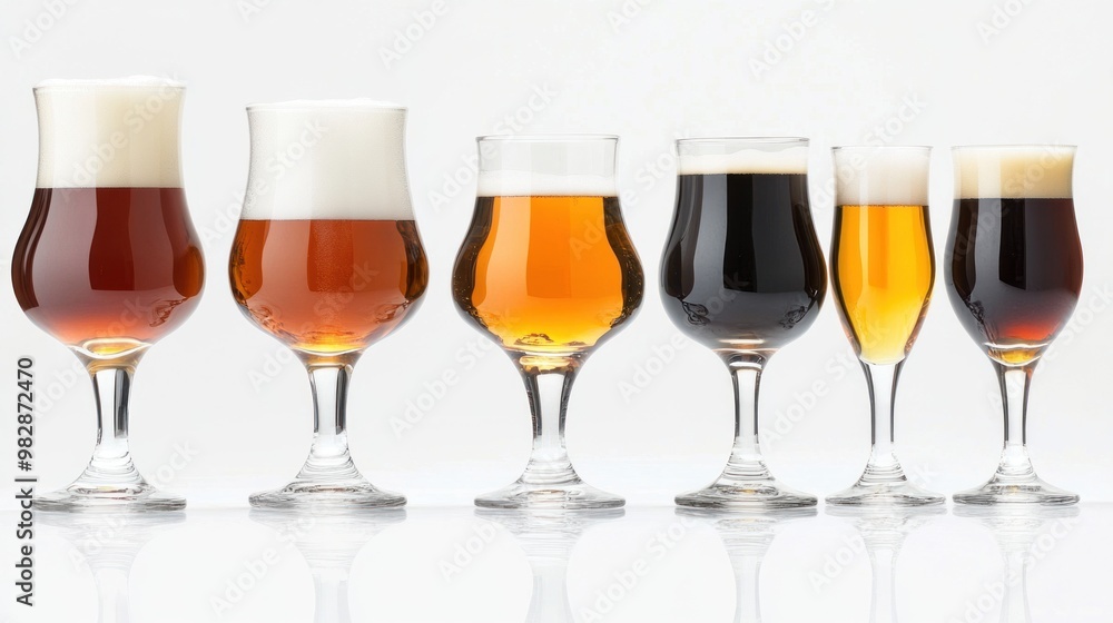 A stylish collection of Belgian beer glasses with a curved design, creating beautiful reflections on a white background, perfect for savoring rich, flavorful beers. A stylish collection of Belgian beer glasses with a curved design, creating beautiful reflections on a white background, perfect for savoring rich, flavorful beers.