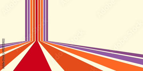 Abstract colorful 70s background vector. Vintage retro wallpaper with rainbow stripes and wavy lines. A 1970 color illustration suitable for posters, banners, decorative items and wall art.