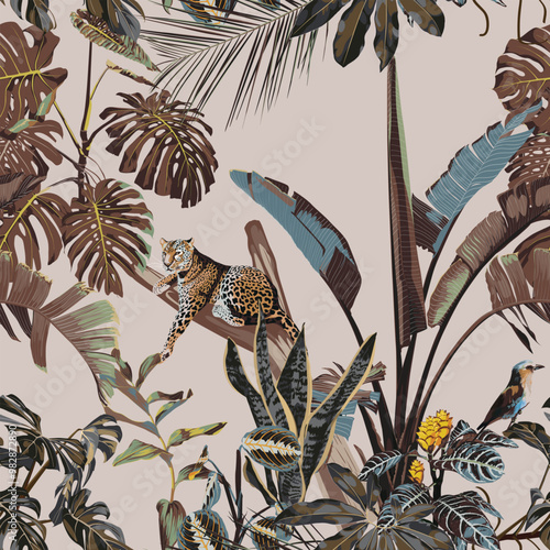 Tropical night vintage wild pattern, palm tree, palm leaves and plant floral seamless border black background. Exotic jungle wallpaper. Leopard animal.