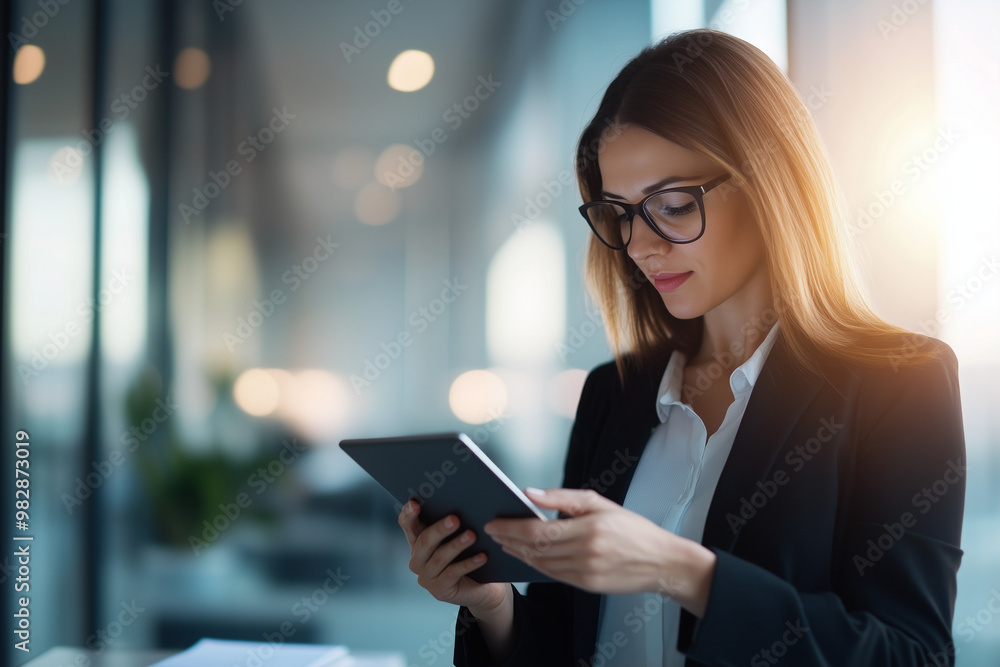 Fototapeta premium Confident businesswoman typing on a tablet in a sleek, modern office, embodying digital professionalism and innovation.