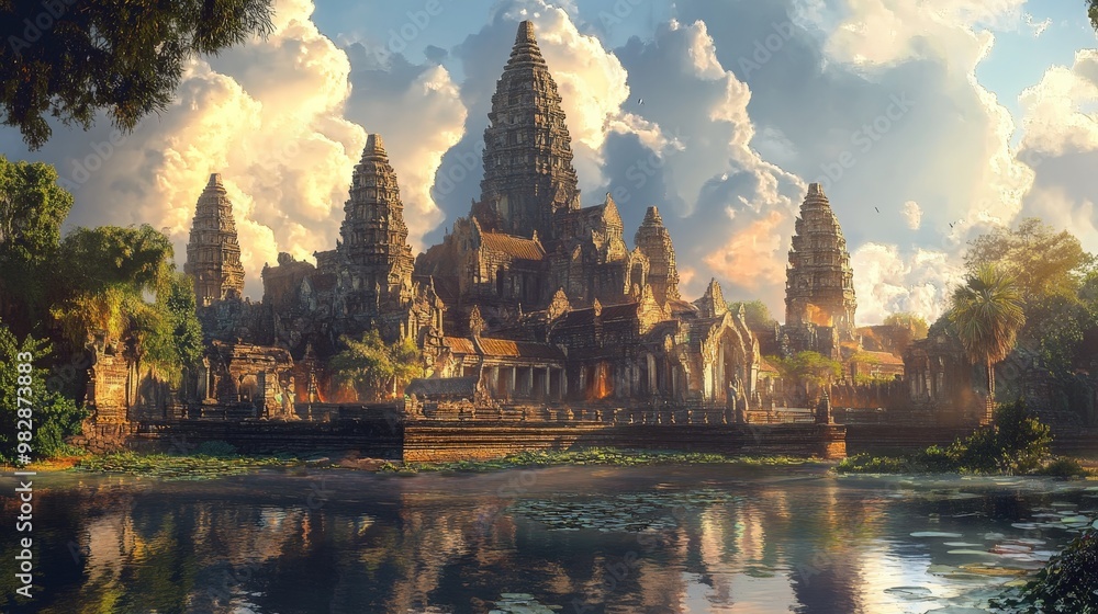Fototapeta premium A majestic temple complex with towering spires, reflecting centuries of architectural beauty