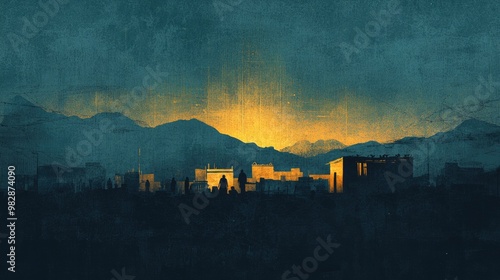 Bethlehem. Cityscape of the city at night with mountains in grunge style on textured background. photo