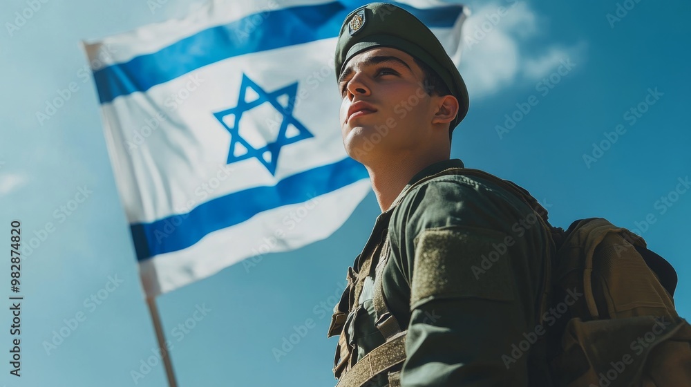 Fototapeta premium soldier in uniform standing under israeli flag