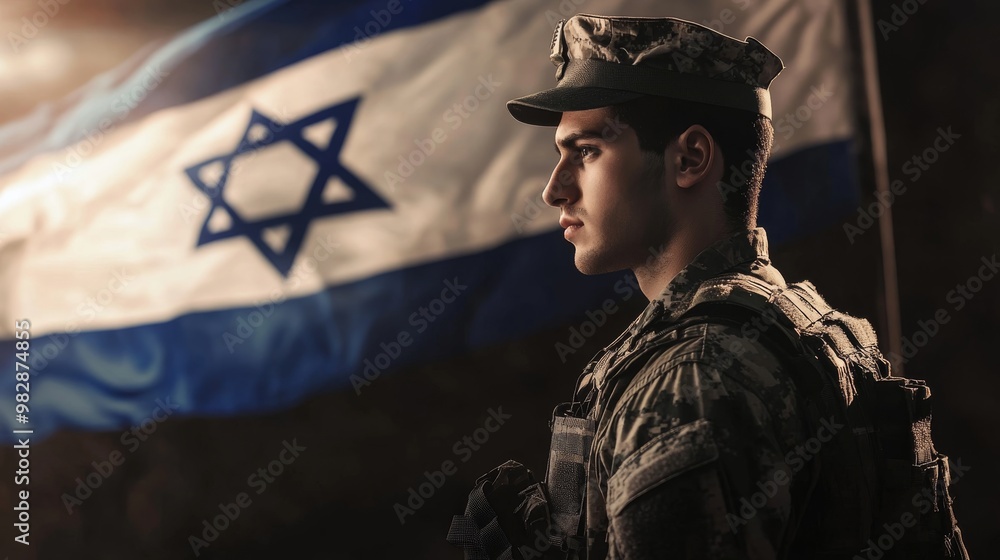 Fototapeta premium soldier in uniform standing under israeli flag