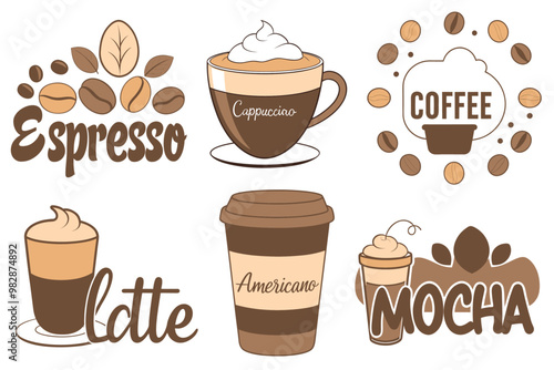 Coffee types featuring espresso, cappuccino, latte, and mocha illustrations