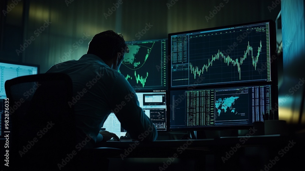 A professional investor analyzing stock charts on a large display in a dimly lit office A professional investor analyzing stock charts on a large display in a dimly lit office