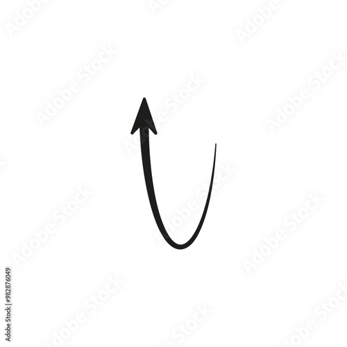 Semicircular thin arrow. Rounded curved shape. The semi circle arrow is moving and flies along a circular trajectory and path. Vector symbol. Isolated Illustration on white background.