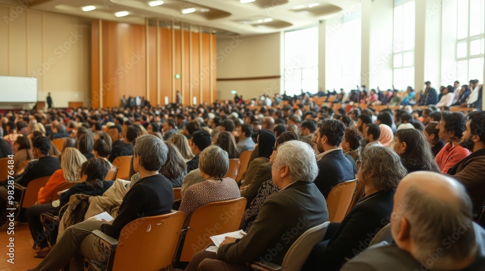 Naklejka premium A public interfaith dialogue event in a large hall, with participants from different religions engaging in meaningful conversation