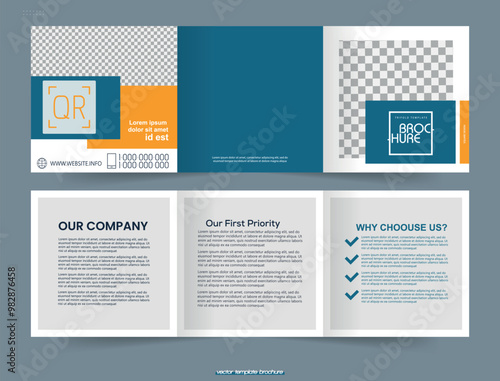 Square mini trifold brochure. Compact leaflet, flyer.