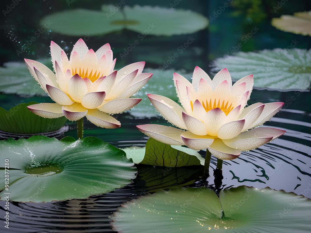 Serene White Lotus Flowers in Tranquil Pond can be used for background, templates. AI generated picture Serene White Lotus Flowers in Tranquil Pond can be used for background, templates. AI generated picture