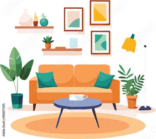 Modern Interior Design with Sofa Set Flat Vector Isolated