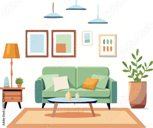 Modern Interior Design with Sofa Set Flat Vector Isolated