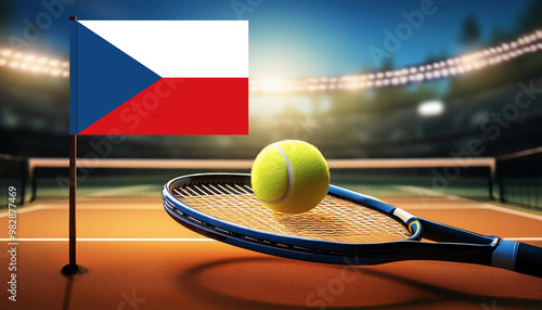 Czech flag with tennis racket and ball against blurry net,on clay court surrounded by spotlights,sport concept.	 photo