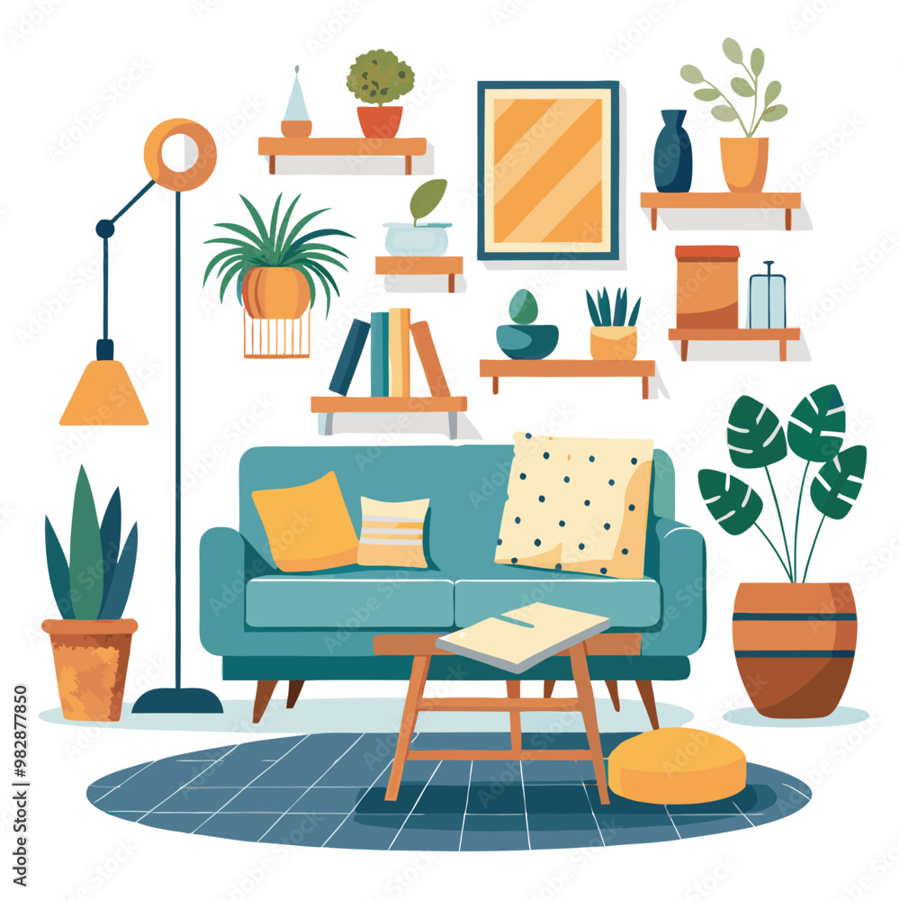 Modern Interior Design with Sofa Set Flat Vector Isolated Modern Interior Design with Sofa Set Flat Vector Isolated