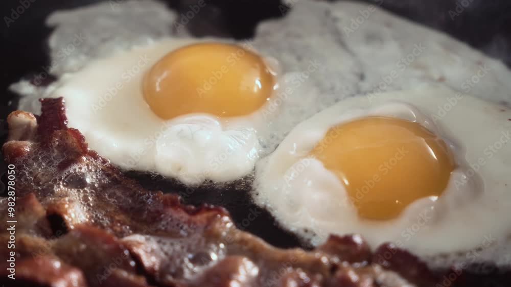 Gritty cinematic shot of bacon and eggs sizzling in cast iron pan. High-quality 4K footage perfect for food commercials and cooking shows Gritty cinematic shot of bacon and eggs sizzling in cast iron pan. High-quality 4K footage perfect for food commercials and cooking shows