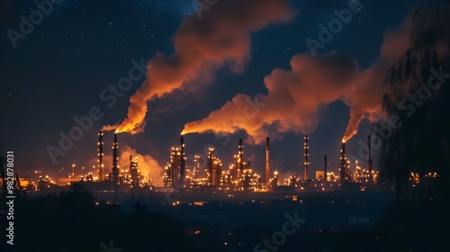 An industrial refinery at night, flames flickering from tall stacks, with dark smoke rising into the starry sky, symbolizing the ongoing combustion of fossil fuels.