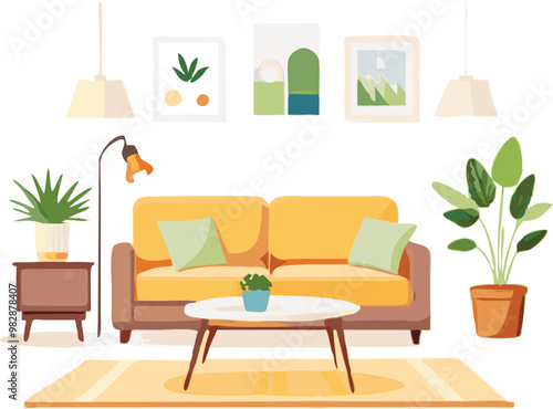 Modern Interior Design with Sofa Set Flat Vector Isolated