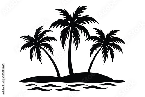 Tropical Island with Palm Trees Silhouette, Serene Island Scene, Palm Tree Silhouette Art, Vector Beach Illustration