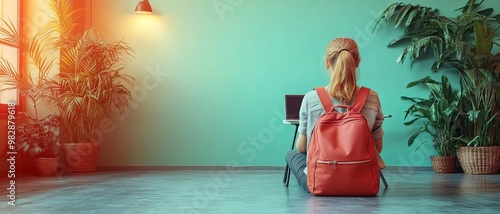 A business professional using travelfriendly tech in a hybrid office, with a clean, minimalist background and space for text photo