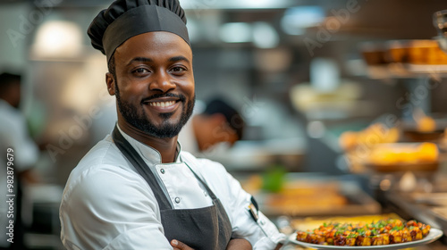 A confident chef with arms crossed and a smile, standing proudly in a professional kitchen