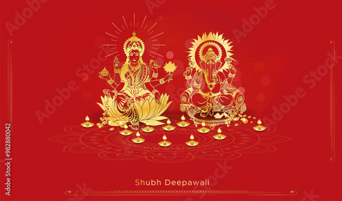 Happy Dhanteras. Diwali festival, Golden maa lakshmi and god ganesha vector illustration on red background.