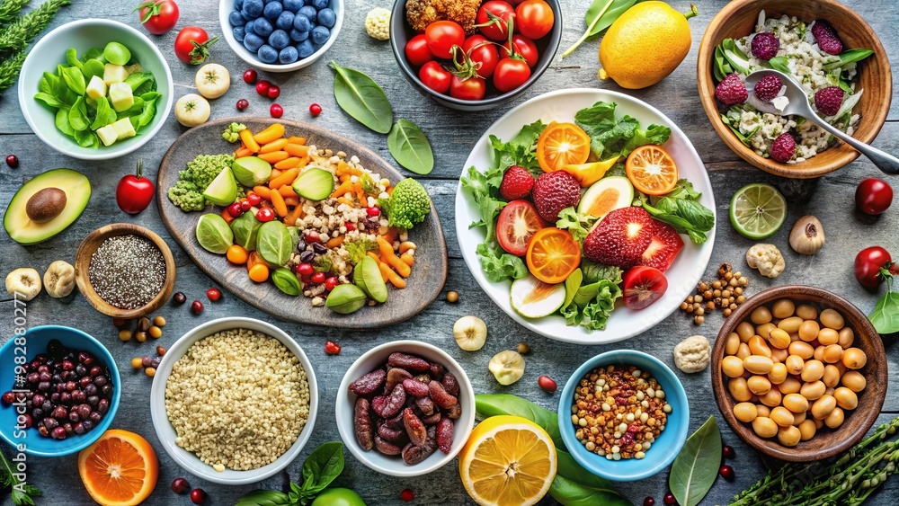 A vibrant spread of fresh fruits, vegetables, herbs, and grains arranged beautifully, showcasing healthy and colorful eating options. A vibrant spread of fresh fruits, vegetables, herbs, and grains arranged beautifully, showcasing healthy and colorful eating options.