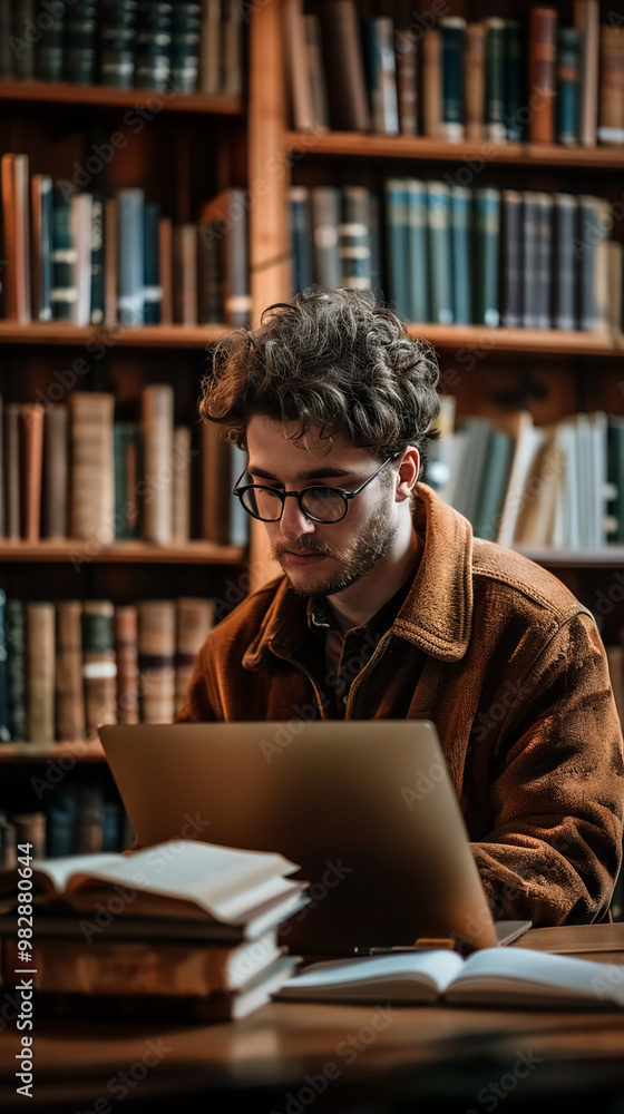 A focused young man works on a laptop in a cozy library filled with books. A focused young man works on a laptop in a cozy library filled with books.