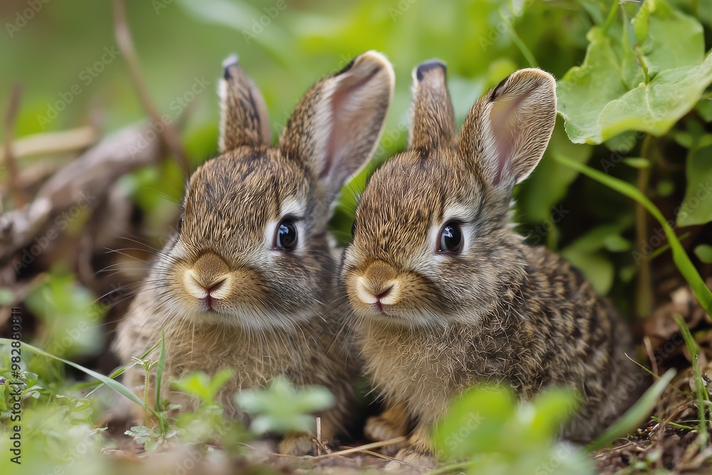 Two adorable baby hares sitting together in a lush green meadow, Ai Generation Two adorable baby hares sitting together in a lush green meadow, Ai Generation